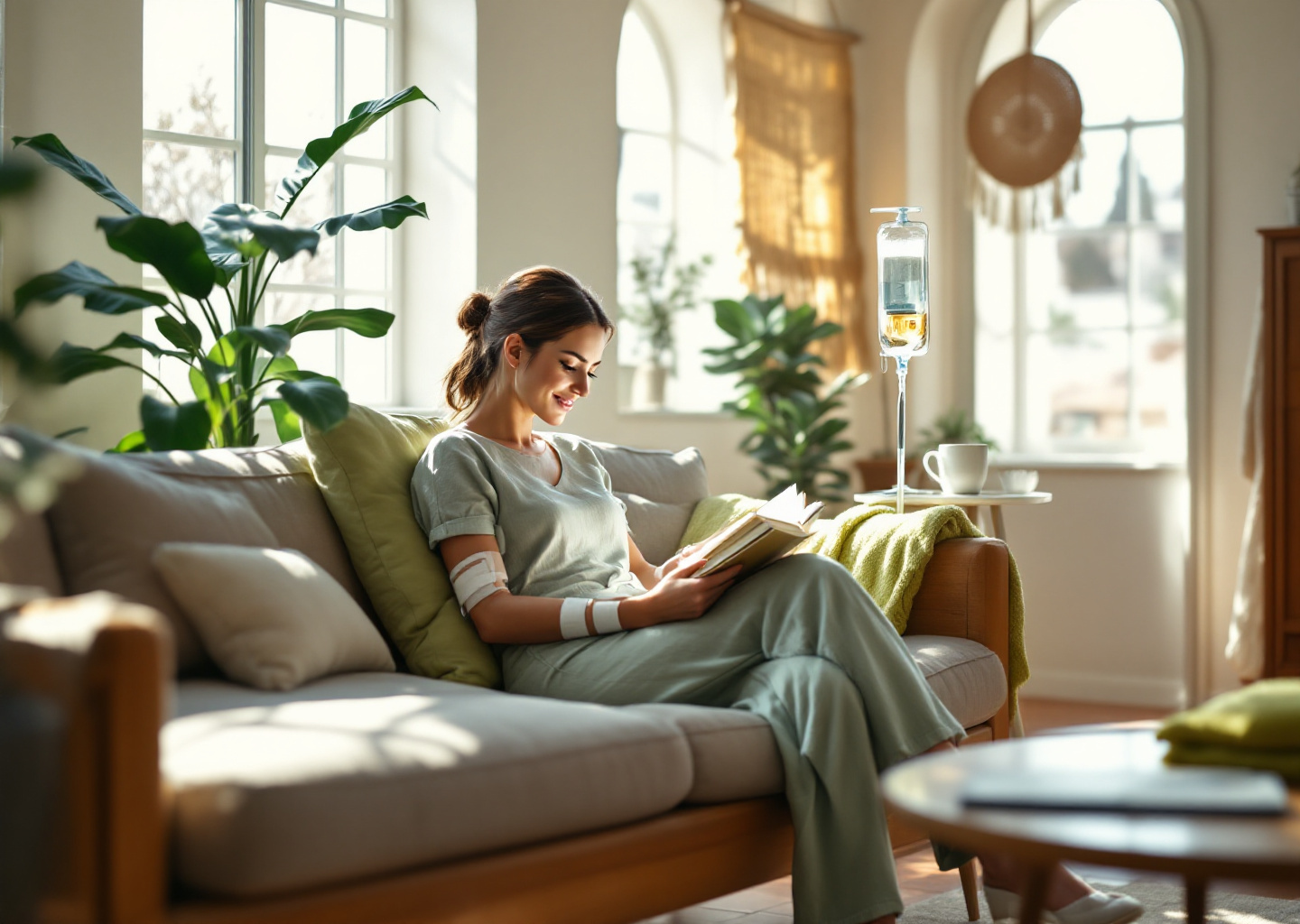 Her right forearm rests along a pale sage green cushion on the armrest, a neat taped dressing and clear IV line running up to a fluid bag on a slim stand beside her.