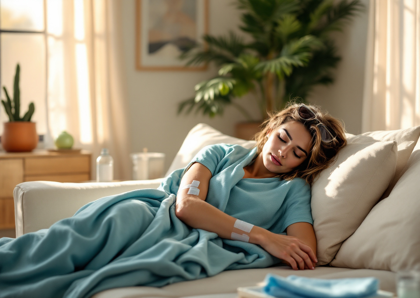A woman in her early thirties curled on a low cream linen sofa in a sunlit Scottsdale living room, wrapped in a soft sky-blue throw blanket, sunglasses pushed up into her tousled hair, an empty.