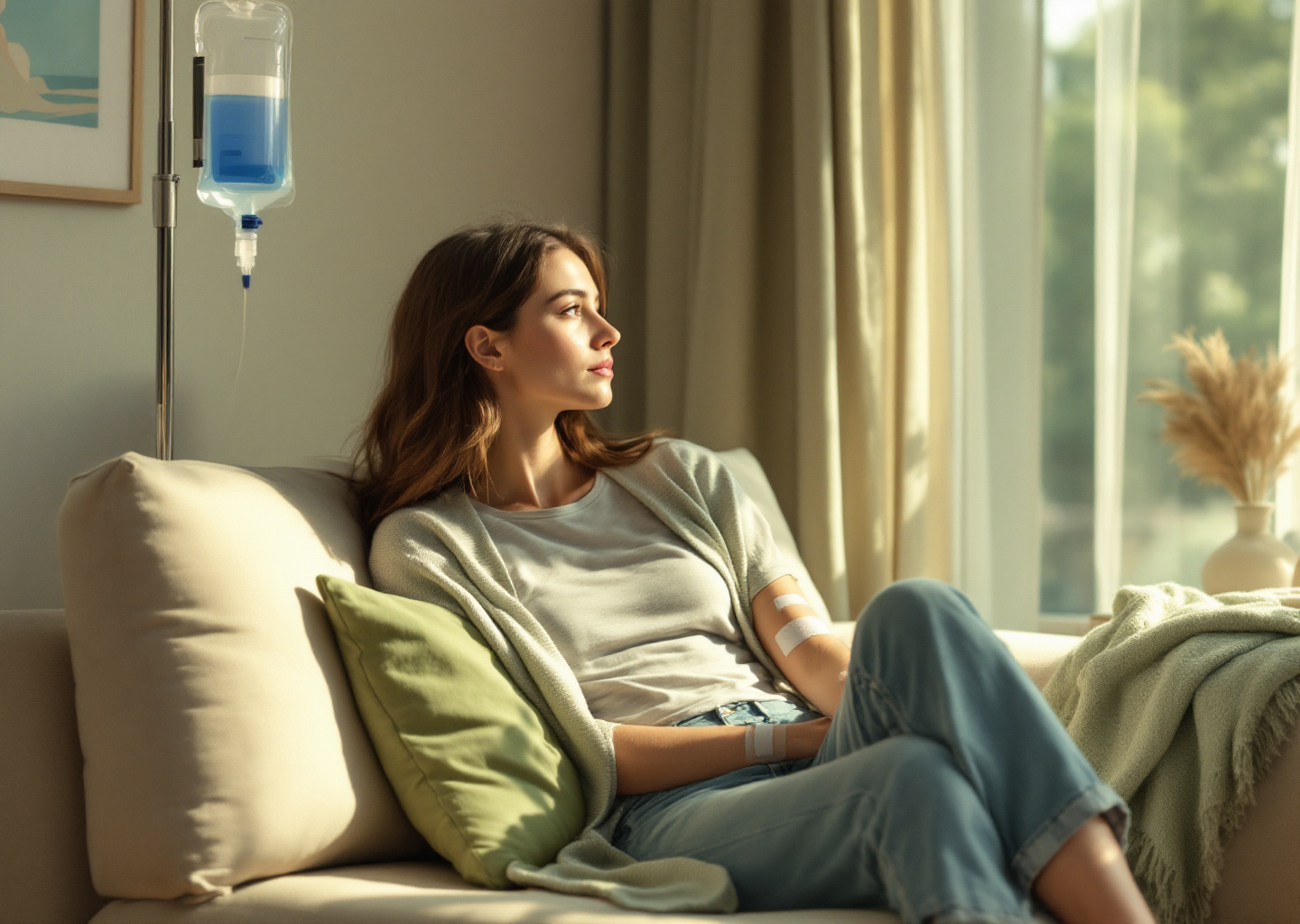 Her left arm rests on a soft sage cushion, a taped dressing on the inner forearm with a clear line running up to a saline bag hanging from a slim chrome stand.