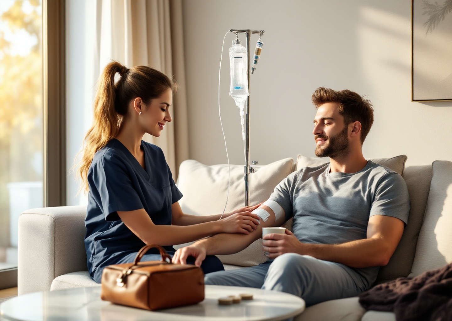 A licensed female nurse in crisp navy medical scrubs sits beside a relaxed male client on a plush cream-colored linen sofa in a sunlit modern living room, gently adjusting an IV drip line taped to his